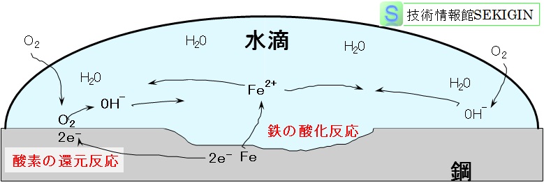 金属表面での腐食反応模式図