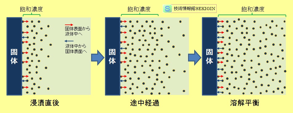 溶解現象の模式図（溶解平衡）