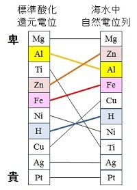 主な金属の標準電極電位と海水中の電位比較